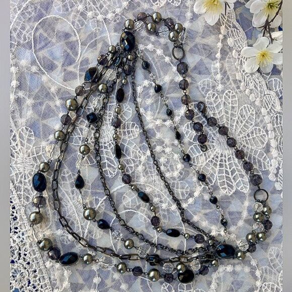 Multi-Layered Black Gunmetal & Silver Multi-strand Beaded Waterfall Necklace - Picture 5 of 12